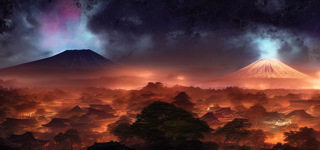 Image similar to view of an ancient japanese city at night, temples, trees, dormant volcanoes in the background, galaxy nebula, dramatic clouds, glowing fog, dramatic lighting, ultra detailed, sharp, ambient occlusion, raytracing, by greg rutowski, paul chadeisson and jessica rossier