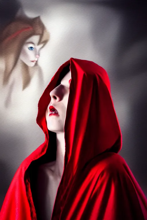 Prompt: hyperrealistic mixed media painting of beautiful Red Riding Hood, pale skin, full body, crimson robe, shadowy wolf figure looming overhead in background, stunning 3d render inspired art by P. Craig Russell and Barry Windsor-Smith + perfect facial symmetry + dim volumetric lighting, 8k octane beautifully detailed render, post-processing, extremely hyperdetailed, intricate, epic composition, grim yet sparkling atmosphere, cinematic lighting + masterpiece, trending on artstation, very very detailed, masterpiece, stunning