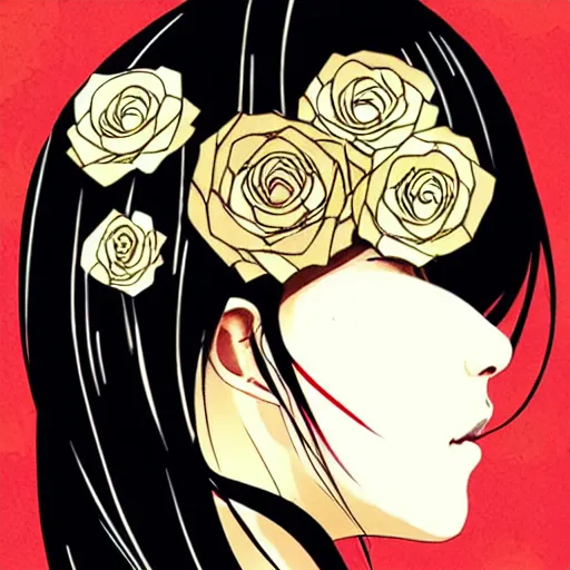 Image similar to portrait of japanese woman :: side profile :: in ocean :: clockwork details :: gold :: blood and roses :: by MARVEL comics and Sandra Chevrier