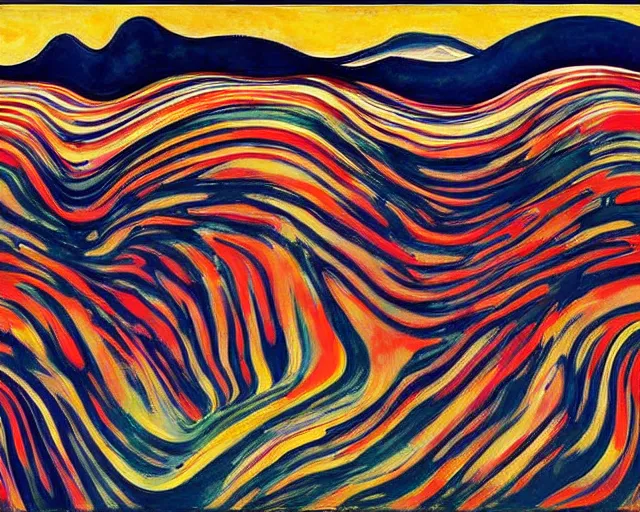 Image similar to A wild, insane, modernist landscape painting. Wild energy patterns rippling in all directions. Curves, organic, zig-zags. Saturated color. Mountains. Clouds. Rushing water. Wayne Thiebaud. Edvard Munch. Zao Wou-ki.