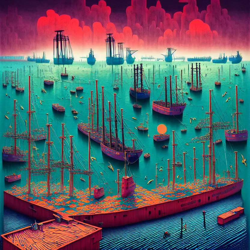 Prompt: surreal glimpse into other universe, a shipping seaport, summer morning, very coherent and colorful high contrast, art by!!!! gediminas pranckevicius!!!!, geof darrow, floralpunk screen printing woodblock, dark shadows, hard lighting, stipple brush technique,