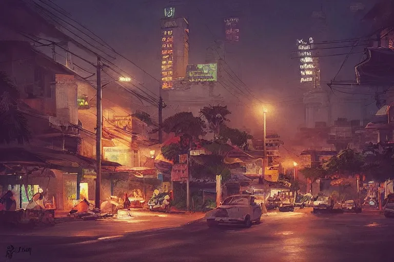 Image similar to “Painting of a Philippine city at night with pre-colonial Philippine architecture, hyperrealistic, cinematic lighting, detailed, concept art, artstation”