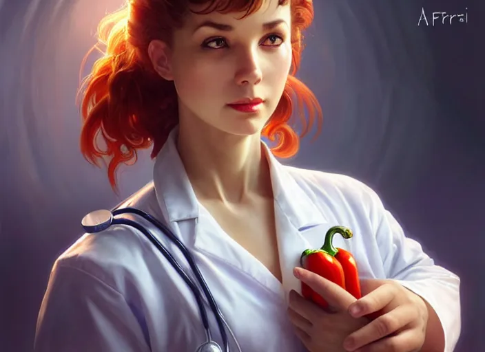 Image similar to a pepper wearing a white doctor's uniform, diffuse lighting, fantasy, hospital background, intricate, elegant, highly detailed, lifelike, photorealistic, digital painting, artstation, illustration, concept art, smooth, sharp focus, art by frank frazetta and marco bucci and loish and rossdraws and artgerm and alphonse mucha