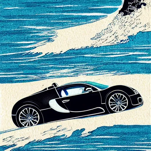 Prompt: Bugatti veyron driving on the Pacific ocean, highly detailed, intricate, in the style of hokusai