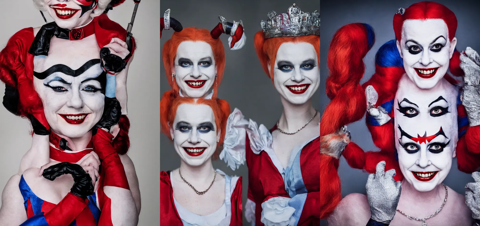 Prompt: Queen Elizabeth dressed as Harley Quinn, professional portrait photo, 80 mm lens