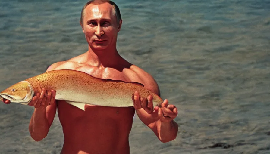 Prompt: 7 0 s movie still of putin in speedo, proudly holding a salmon, focus on eyes. cinestill 8 0 0 t _ 3 5 mm eastmancolor, heavy grain, high quality, high detail