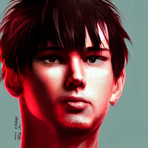 Image similar to a guy with short dark hair on his side, dressed in a red t - shirt, stands still against the backdrop of digital art, 8 k, character, realism, anime, portrait