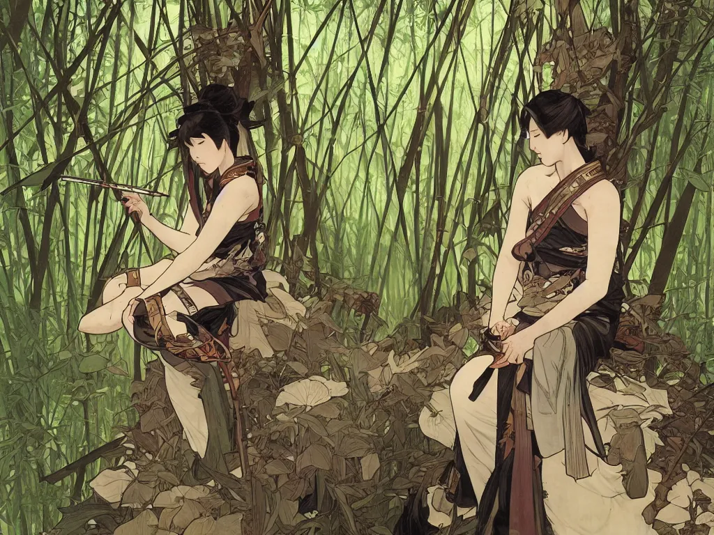 Prompt: a wandering samurai in full armor sitting in a dark bamboo forest, by fiona staples, range murata, alphonse mucha