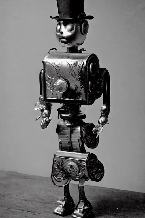 Prompt: silver gelatin photo of a robot dressed as a southern gentleman 1 8 5 0 s