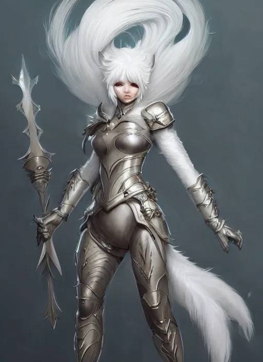 Image similar to fur - lined armor!!! beautiful and elegant white haired female!! gorgeous ayes!! character concept art, sharp focus, octane render! unreal engine 5! highly rendered!! trending on artstation!! detailed linework!! illustration by artgerm and peter mohrbacher