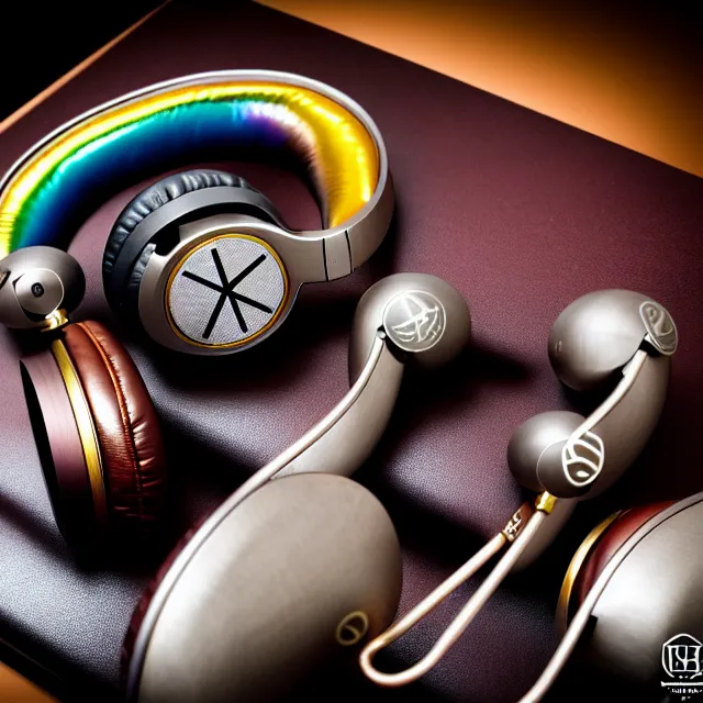 Prompt: masterpiece photo of beautiful hand crafted artistic titanium metal headphones, bismuth rainbow metal, bismuth cups, plush leather pads, displayed on mahogany desk, modernist headphones, bismuth beautiful well designed, hyperrealistic, audiophile, intricate hyper detail, extreme high quality, photographic, audeze, sennheiser, bang olufsen, abyssal