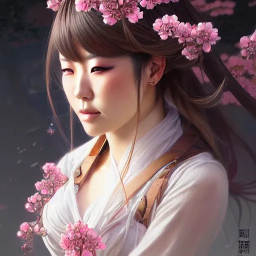 Image similar to Portrait of japanese gyaru, D&D, dark fantasy, sakura blooming on background, intricate, elegant, highly detailed, digital painting, artstation, concept art, smooth, sharp focus, illustration, art by artgerm and greg rutkowski and alphonse mucha