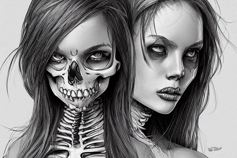 Image similar to “ a extremely detailed stunning girl and skeleton drawings by allen william on artstation ”