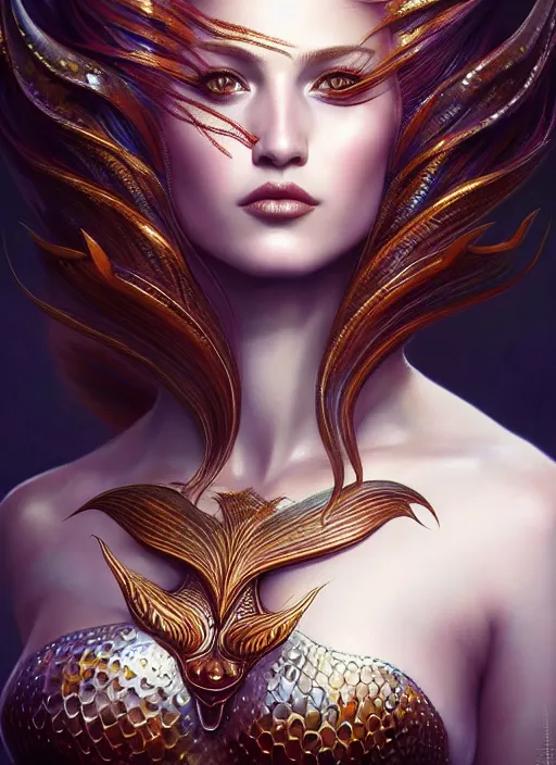 Image similar to portrait of mermaid warrior, intricate, sharp focus, octane render, detailed, beautiful, unreal engine, symmetrical!!, loreal, maybelline, sephora, loreal, artstation, art by karol bak, art by artgerm, rossdraws, makeup by pat mcgrath, cinematic, concept art, filmic, vsco