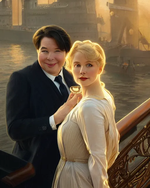 Prompt: Portrait of a  blonde lady and Michael mcintyre in the final scene of the movie Titanic,real life skin, intricate, elegant, highly detailed, artstation, concept art, smooth, sharp focus, art by artgerm and greg rutkowski and alphonse mucha
