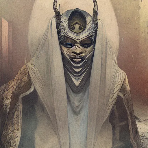 Prompt: portrait of masked dune dynasty on the snow art deco streets of the undying empire city of ya - sattra during the festival of masks in the night, award - winning realistic sci - fi concept art by beksinski, bruegel, greg rutkowski, alphonse mucha, and yoshitaka amano