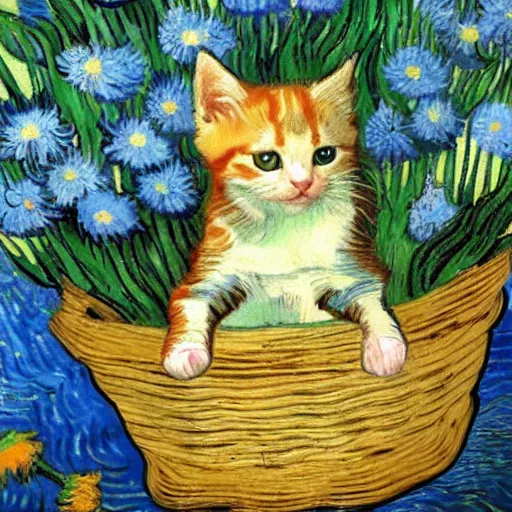 Image similar to cute kitten sitting in a basket of flowers floating down a river, surrounded by a lush forest, historic painting by van gogh, stunning detail, 8 k, beautiful