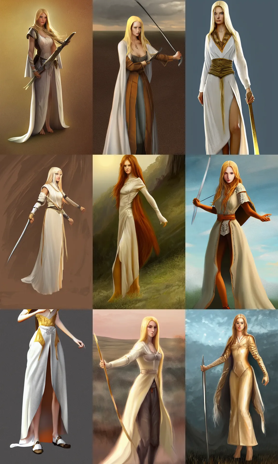 Prompt: A fair young woman, tall and slender, showing grace and pride. She has long golden hair, and is wearing a white robe girt with silver, holding a 🗡️, standing in the plains of Rohan, digital art, trending on Artstation