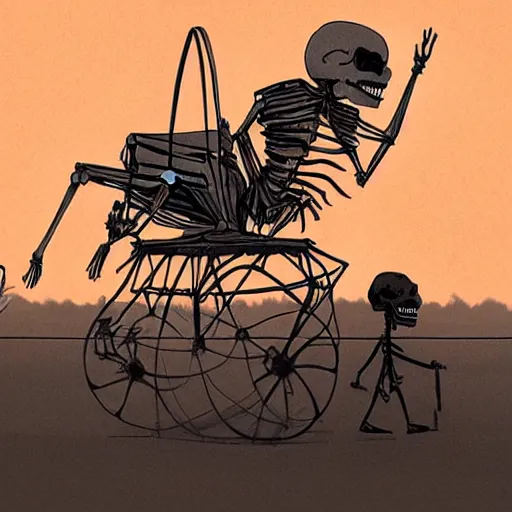 Image similar to The drawing features a human figure driving a chariot. The figure is skeletal and frail, with a large head and eyes. The chariot is pulled by two animals, which are also skeletal and frail. in the Central African Republic by Atey Ghailan unified