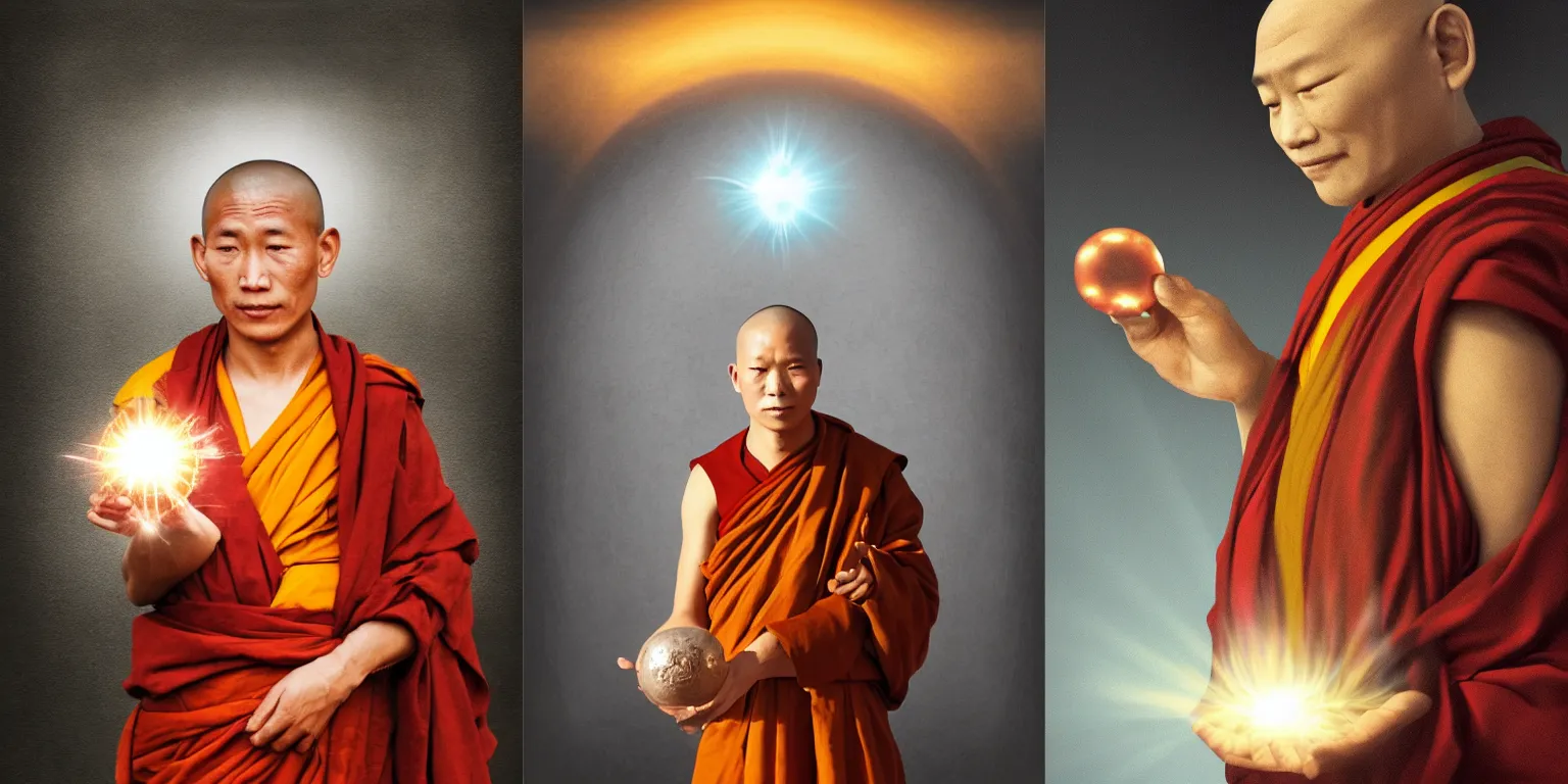 Prompt: tibetan monk holding an orb of light. fantasy, digital painting, hd, detailed.