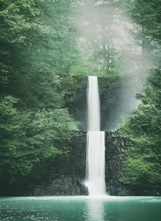 Prompt: waterfall falling into a lake, cliff, trees, photograph, landscape photography, sigma, 5 0 mm, ektachrome, award winning