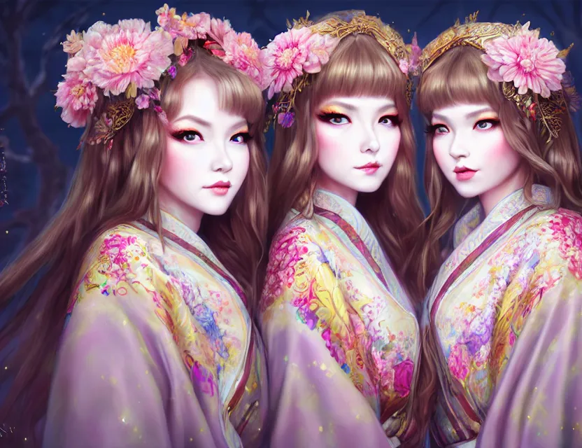 Image similar to two beautiful fashion siberian girls wear fantasy kimono in festival | | big eyes, sunny, dreamlike art, realistic shaded, smile, good looking, hyper details, 4 k realistic, cryengine, realistic shaded lighting poster by artgerm, ross tran, fuji choko, loish, 8 k resolution, trending on artstation, luxury