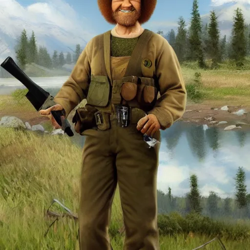 Prompt: bob ross in military fatigues, on the battlefield, ultra realistic