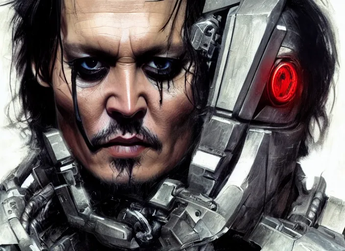 Image similar to johnny depp as victor stone, full body concept, cyborg, borg, strogg, face of a man, terminator, flesh, quake strogg, doom demon, wolfenstein, monstrous, powerful, symmetry, symmetrical, concept art by ruan jia and greg rutkowski