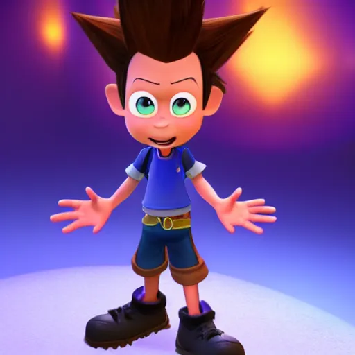 Image similar to Jimmy Neutron from Nickelodeon as an NPC character in the video game Kingdom Hearts, Jimmy neutron Boy Genius, Sora is in the camera, Crossover with Nick and Square Enix, UHD 4k, RTX On, Arnold Render, Unreal Engine 4, Award winning visuals, Godrays, beautiful detailed intricate insanely detailed octane render, Playstation 5 graphics