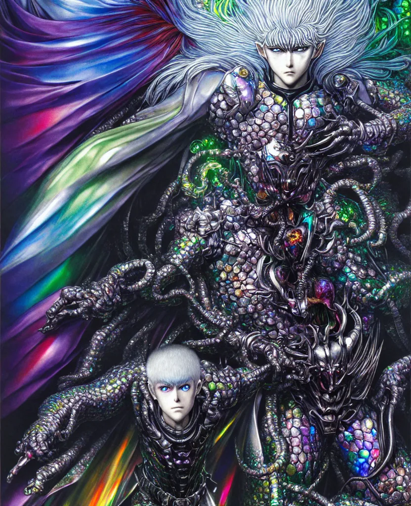 Image similar to realistic detailed image of ultra wrathful rainbow diamond iridescent mega griffith from berserk, depth perception, depth of field, action horror by ayami kojima, neo - gothic, gothic, part by adrian ghenie and gerhard richter. art by yoshitaka amano. masterpiece