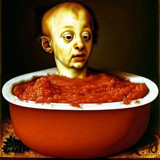 Image similar to a boy sitting in a tub full of tomato sauce, a lot of cabbage, by giuseppe arcimboldo and ambrosius benson, renaissance, portrait, fruit, intricate and intense oil paint, realistic