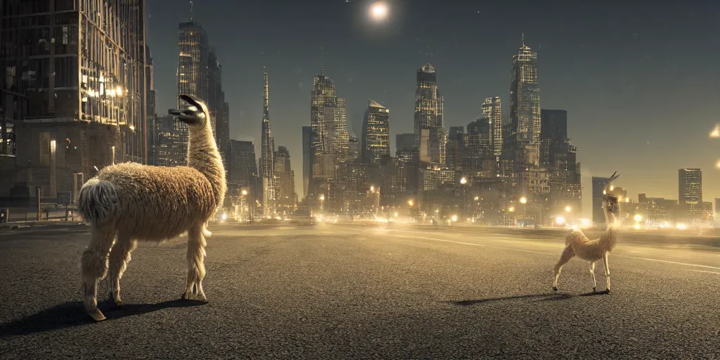 Image similar to a llama walking through a desolate city street at night, statue of liberty seen in the background, realistic 4 k octane beautifully detailed render, 4 k post - processing, highly detailed, intricate complexity, epic composition, magical atmosphere, cinematic lighting, masterpiece, ultra hd