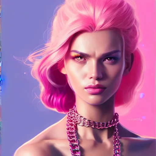 Image similar to portrait of beautiful woman marvel character, confident pose, strong jewelry, wearing chains. pastel pink, bright colors, sharp focus, illustration, highly detailed, concept art, matte, trending on artstation, anime, art by wlop and artgerm and greg rutkowski, h 6 4 0