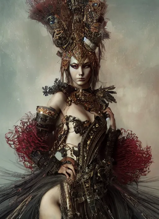 Prompt: portrait of beautiful female warrior by irakli nadar with intricate detailed wearing victorian dress designed by alexander mcqueen and rocky gathercole, haunting, elite, elegant, ruan jia, dark, hyper detailed, concept art, by gustav klimt,