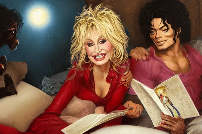 Prompt: portrait of dolly parton reading a bedtime story to michael jackson in bed, an oil painting by ross tran and thomas kincade