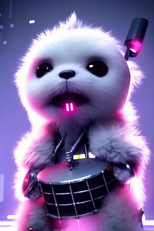 Prompt: high quality 3 d render very cute fluffy cyborg!! dog! plays drums, cyberpunk highly detailed, unreal engine cinematic smooth, in the style of blade runner & detective pikachu, hannah yata charlie immer, moody light, low angle, uhd 8 k, sharp focus