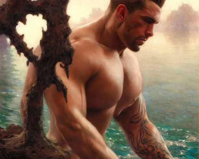 Prompt: handsome tattooed gym bro wades in the river, painting by artgerm, gaston bussiere, craig mullins, j. c. leyendecker, tom of finland