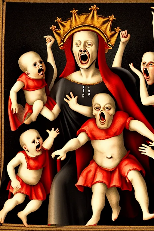 Image similar to renaissance style creepy family screaming, wearing a crown and a cape, dark background, atomic explosion