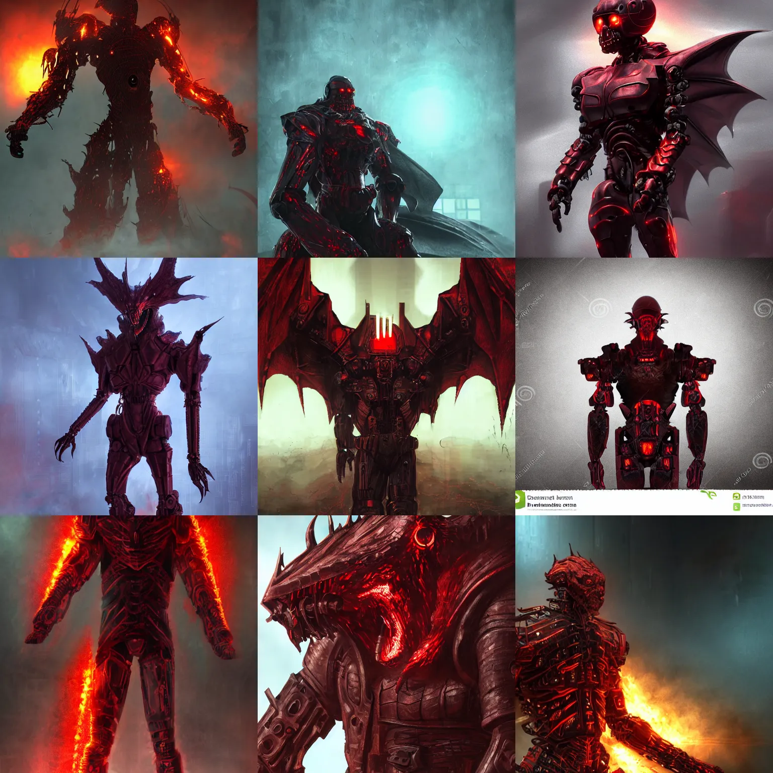 Prompt: ominous cybernetic humanoid figure with a body of dark red matte thick metal scratched block plates as scales, epic fantasy artwork, evil, gritty, matte, dragon - like, burning scene in the background, volumetric lighting, detailed, rich colors