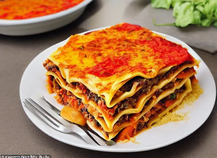 Prompt: mouth - watering image of a vegan lasagne on the cover, with layers of pasta, vegetables, and a cheesy sauce. the lasagne is served with a side salad and a glass of red wine.