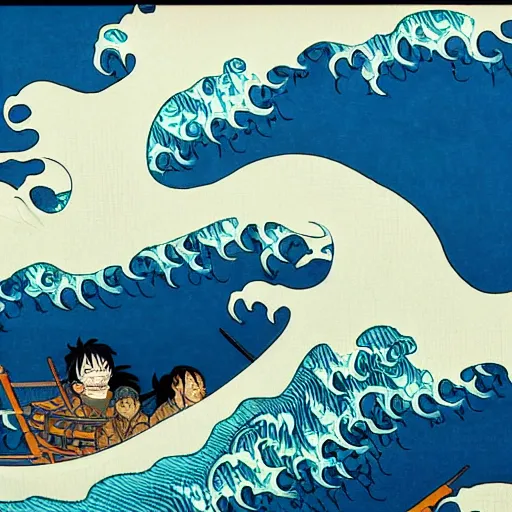 Image similar to a hokusai painting masterpiece exposed in Paris : the vogue merry ship of luffy from one piece sailing on the wave of hukusai This 4K HD image is Trending on Artstation, featured on Behance, well-rendered, extra crisp