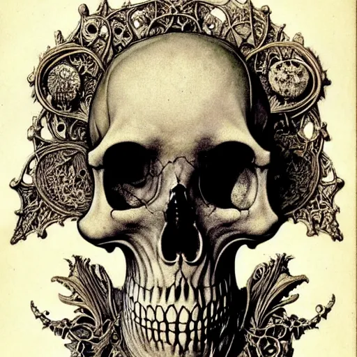 Image similar to memento mori by arthur rackham, art forms of nature by ernst haeckel, exquisitely detailed, art nouveau, gothic, ornately carved beautiful skull dominant, intricately carved antique bone, art nouveau botanicals, ornamental bone carvings, art forms of nature by ernst haeckel, horizontal symmetry, arthur rackham, ernst haeckel, symbolist, visionary