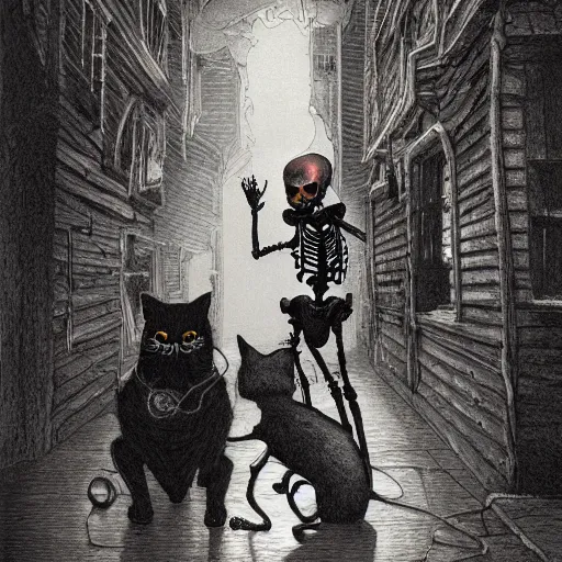 Image similar to skeleton wearing headphones, watching girl playing guitar while her black cat standing next to her, detailed intricate ink illustration, dark atmosphere, detailed illustration, hd, 4k, digital art, overdetailed art, by greg rutkowski, by loish, complementing colors, Trending on artstation