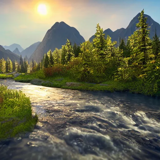 Prompt: natural scenery with sun, mountains, rivers, trees and flowers, photorealistic, ultra - detailed, 4 k high resolution, hdr shot, unreal engine rendering 4 k