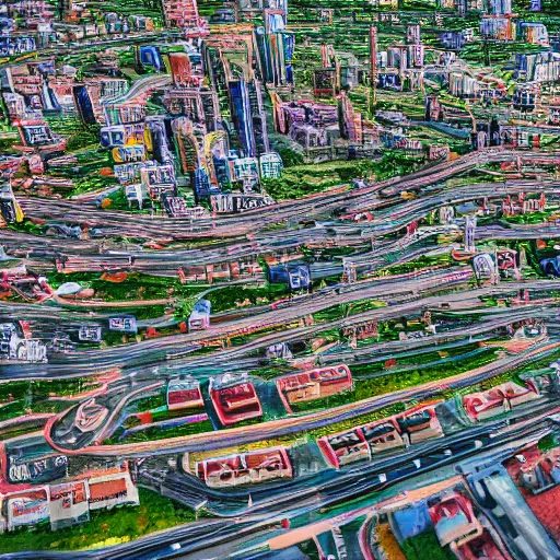 Image similar to macro photo of a large city hyper realistic with a lot of cars driving around