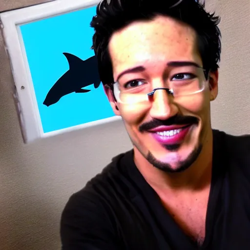 Prompt: a shark with the face of markiplier