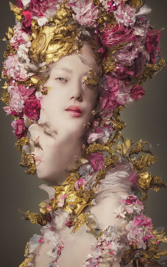 Image similar to an empress portrait, with a brilliant impossible striking big flower headpiece, clothes made entirely out of flowers, rococo, baroque, vogue, rim light, asian, epic art, realistic, wlop style, insane detail, octane render, 8k, fantasy, diva