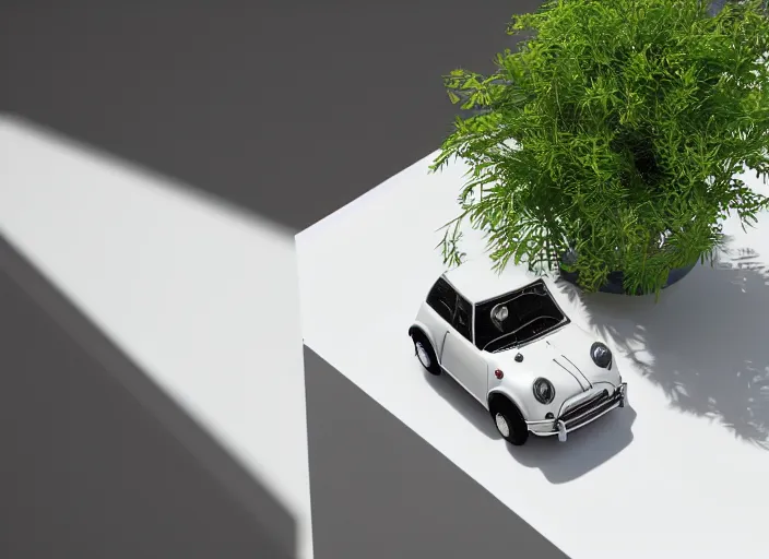 Image similar to a small miniature of a Mini Cooper S 1963 on a white table near a vase with a plant, 3d render, octane render, unreal engine 5, path tracing, serene landscape, calm, relaxing, beautiful landscape, highly detailed, high quality, 4k, symmetrical, low contrast, view from above