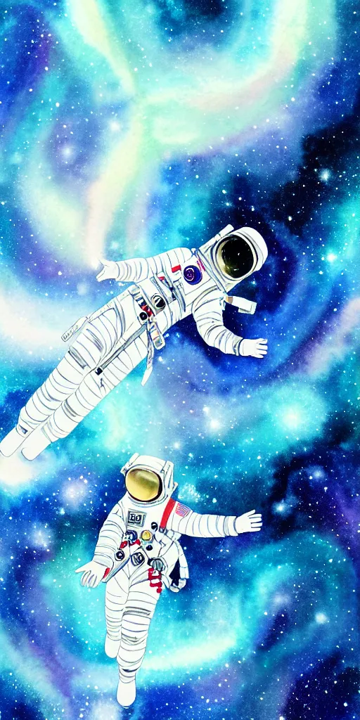 Image similar to oriental water color of a female astronaut, floating through the void of space, stars are spread out, anime movie, highly detailed