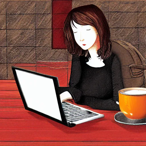 Prompt: marisa kirisame, cafe, typing on laptop, digital art